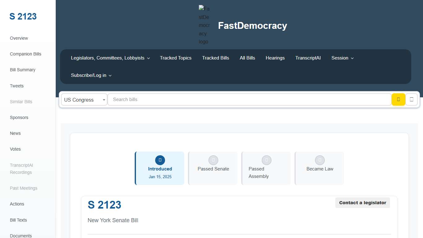Bill tracking in New York - S 2123 (2025-2026 legislative session) - FastDemocracy